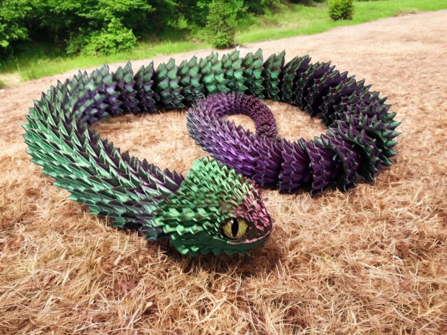 3D-Printed Brush Viper β 24β Flexible Snake Model | Movable Mouth & Fangs | Glass Eyes | Silk Color Options