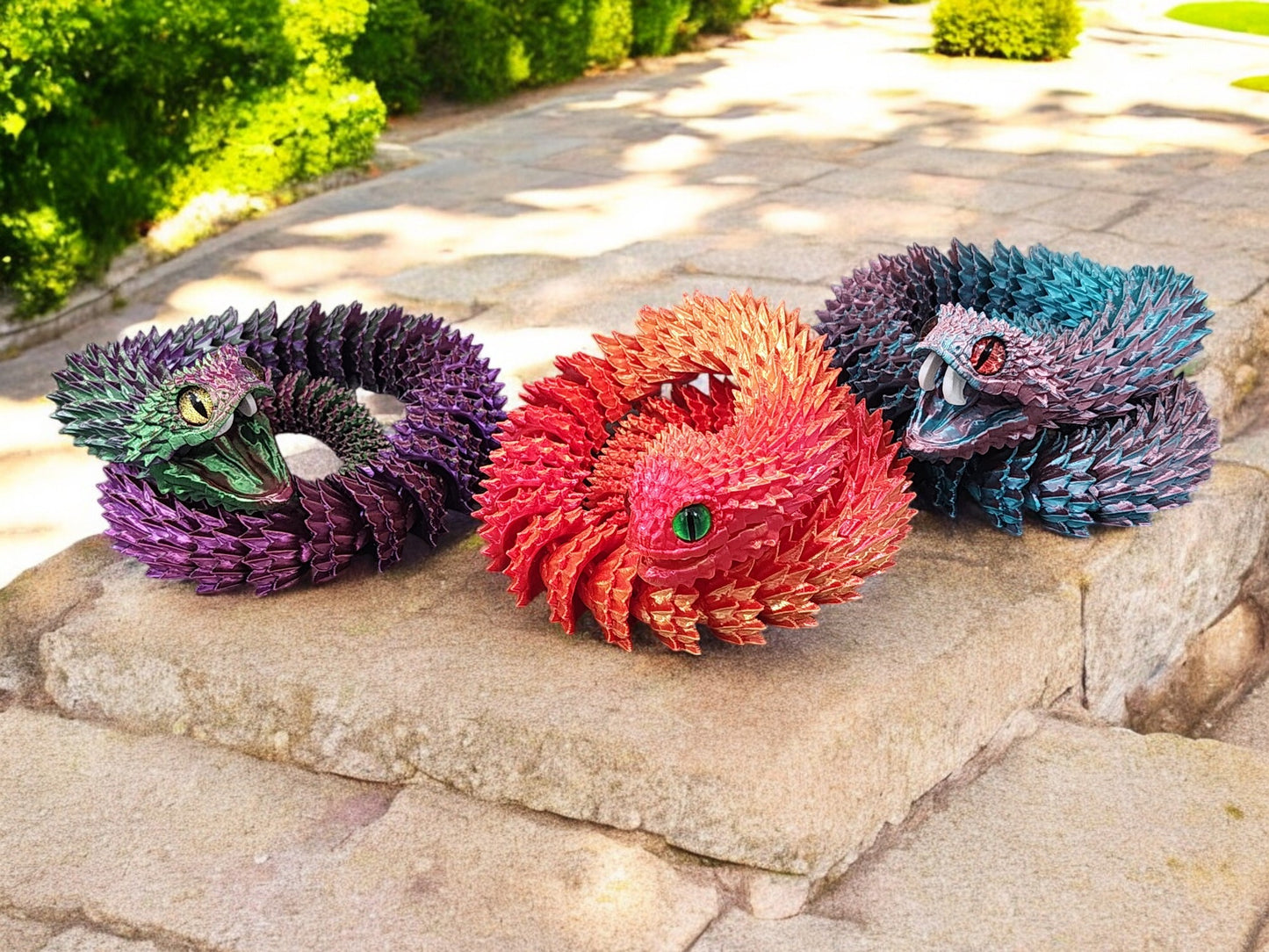 3D-Printed Brush Viper β 24β Flexible Snake Model | Movable Mouth & Fangs | Glass Eyes | Silk Color Options