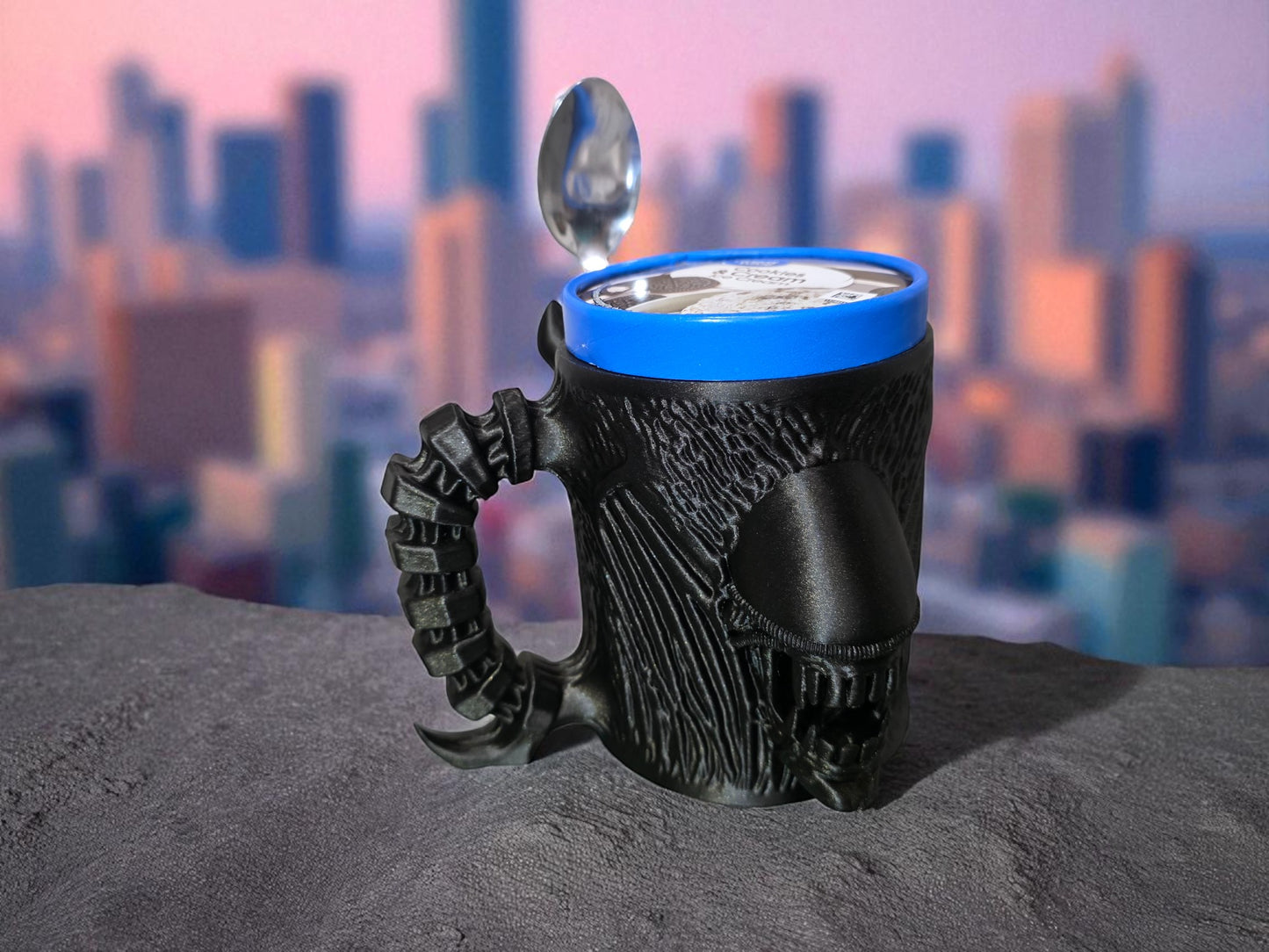 Alien Horror 3D-Printed Ice Cream Pint Holder with Spoon Slots Sci-Fi Fan Gift Unique