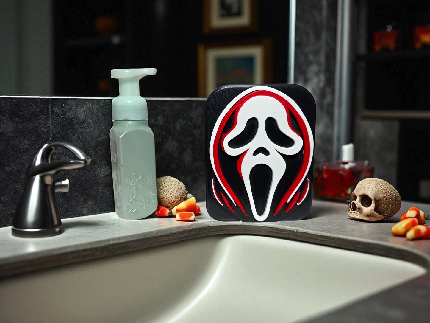 3D-Printed Ghostface Soap Dispenser Cover | Horror Fan Halloween Bathroom Decor