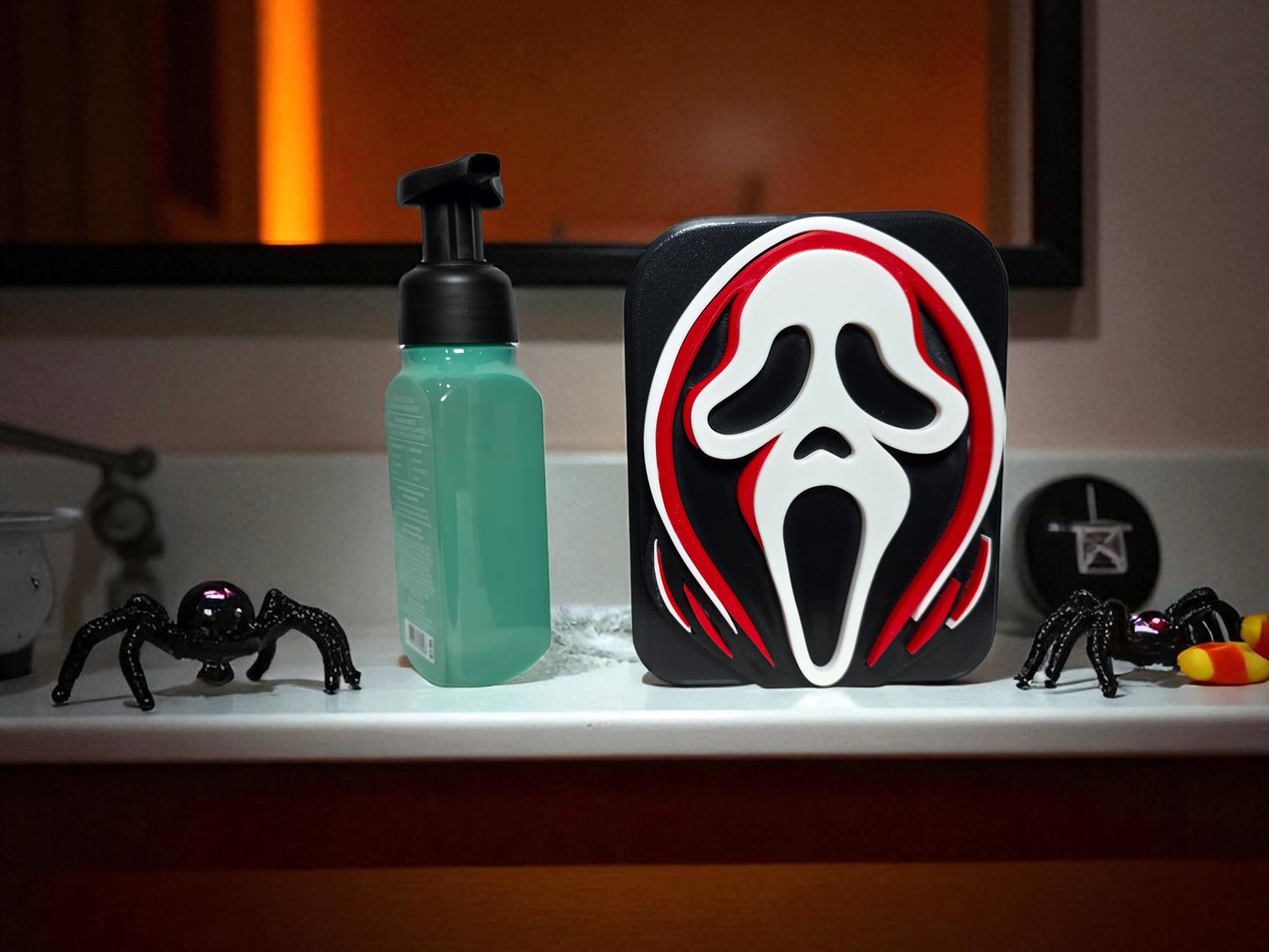 3D-Printed Ghostface Soap Dispenser Cover | Horror Fan Halloween Bathroom Decor