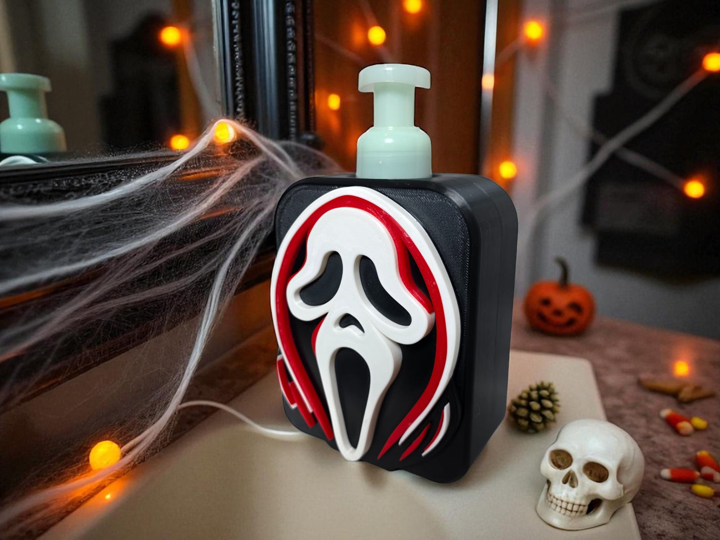 3D-Printed Ghostface Soap Dispenser Cover | Horror Fan Halloween Bathroom Decor