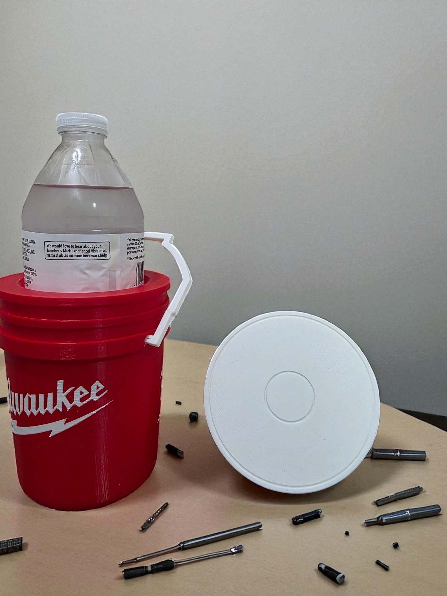 Milwaukee-Style Mini Bucket Koozy with Lid 3D Printed Drink Holder Funny Tool Fan Gift for Milwaukee Enthusiasts