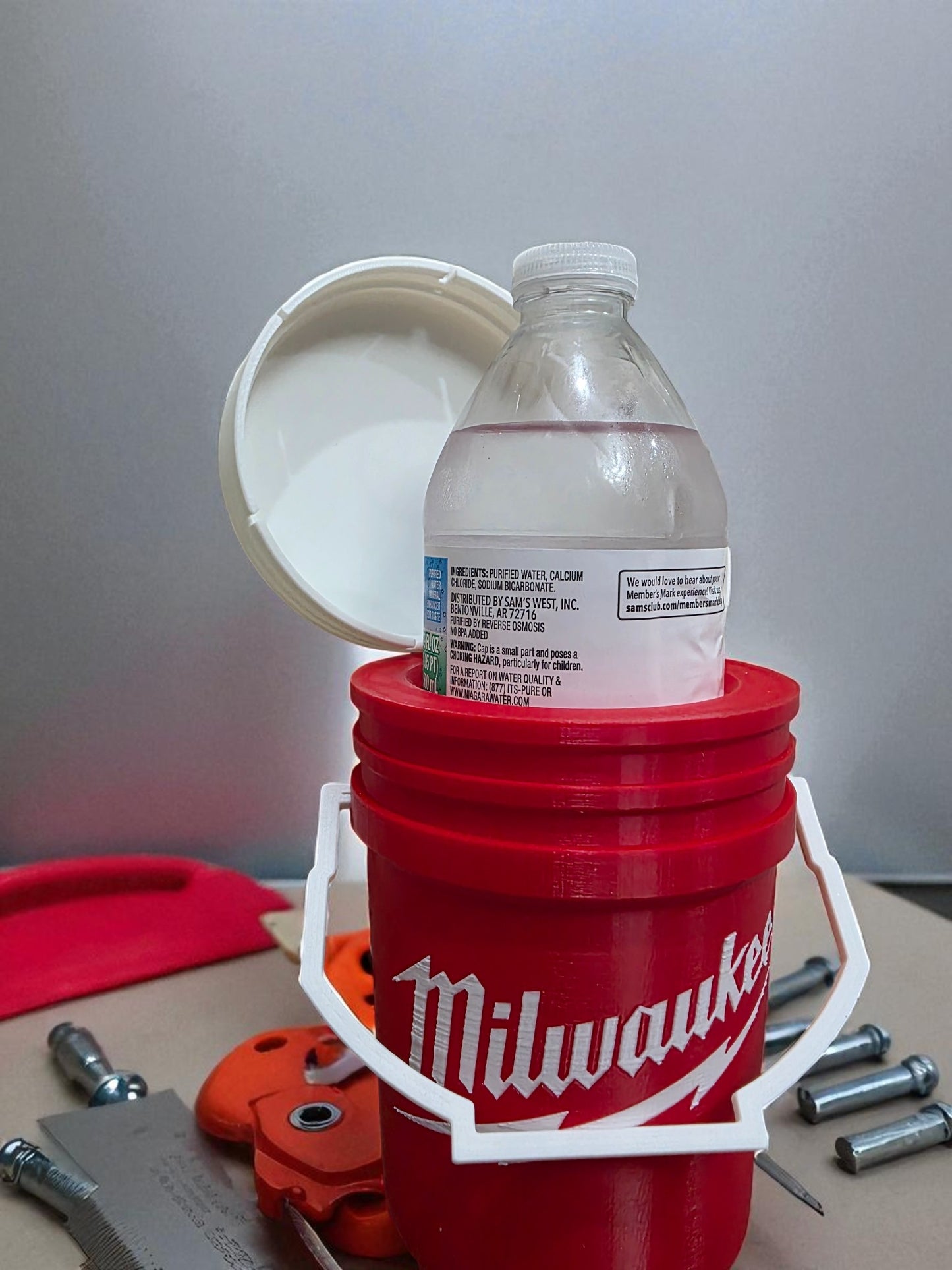 Milwaukee-Style Mini Bucket Koozy with Lid 3D Printed Drink Holder Funny Tool Fan Gift for Milwaukee Enthusiasts