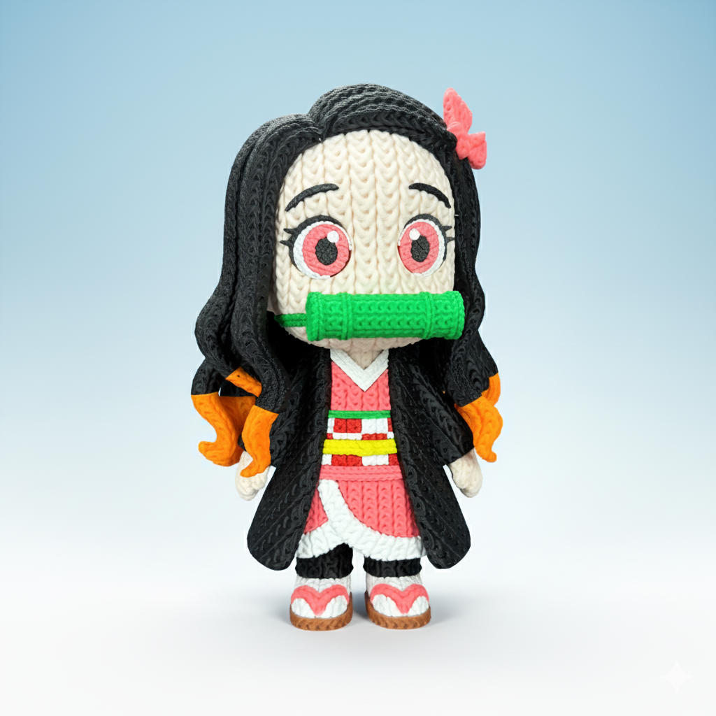 Nezuko Inspired 3D Printed Figure – Crochet Texture Style – Anime Fan Art Display – 6" or 8"