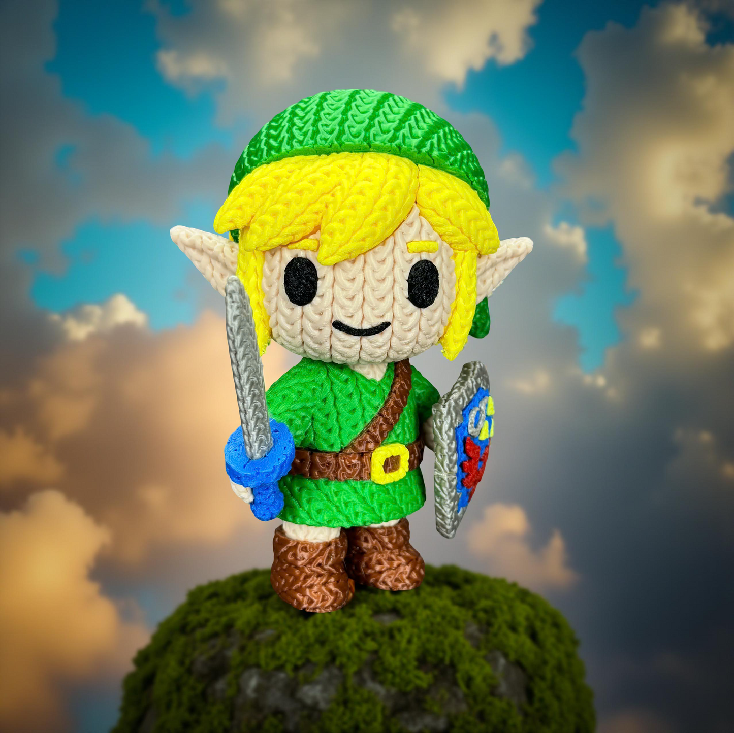 Link Inspired 3D Printed Figure – Crochet Texture Style – Fantasy Hero Fan Art Display – 6" or 8"