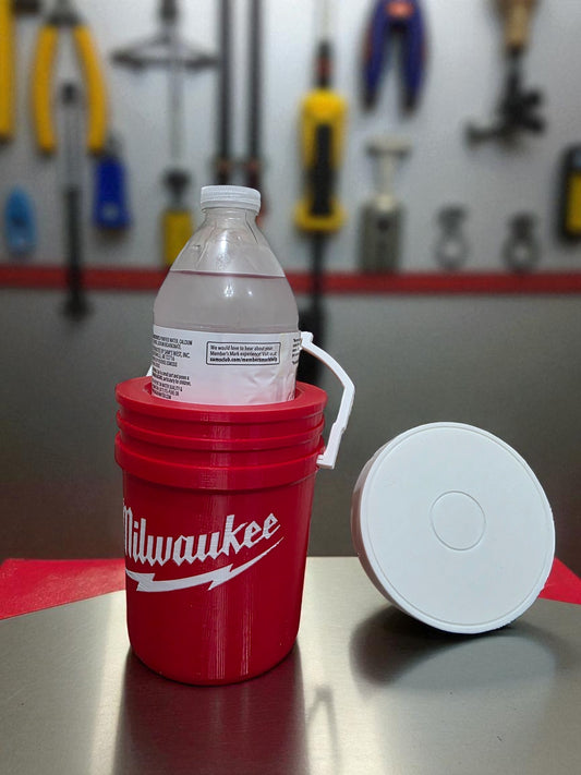 Milwaukee-Style Mini Bucket Koozy with Lid 3D Printed Drink Holder Funny Tool Fan Gift for Milwaukee Enthusiasts