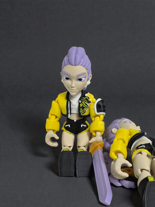 Flexi Rumi K Pop Demon Hunter Inspired Action Figurine 6 Inch Art Toy with Purple Hair and Yellow Jacket