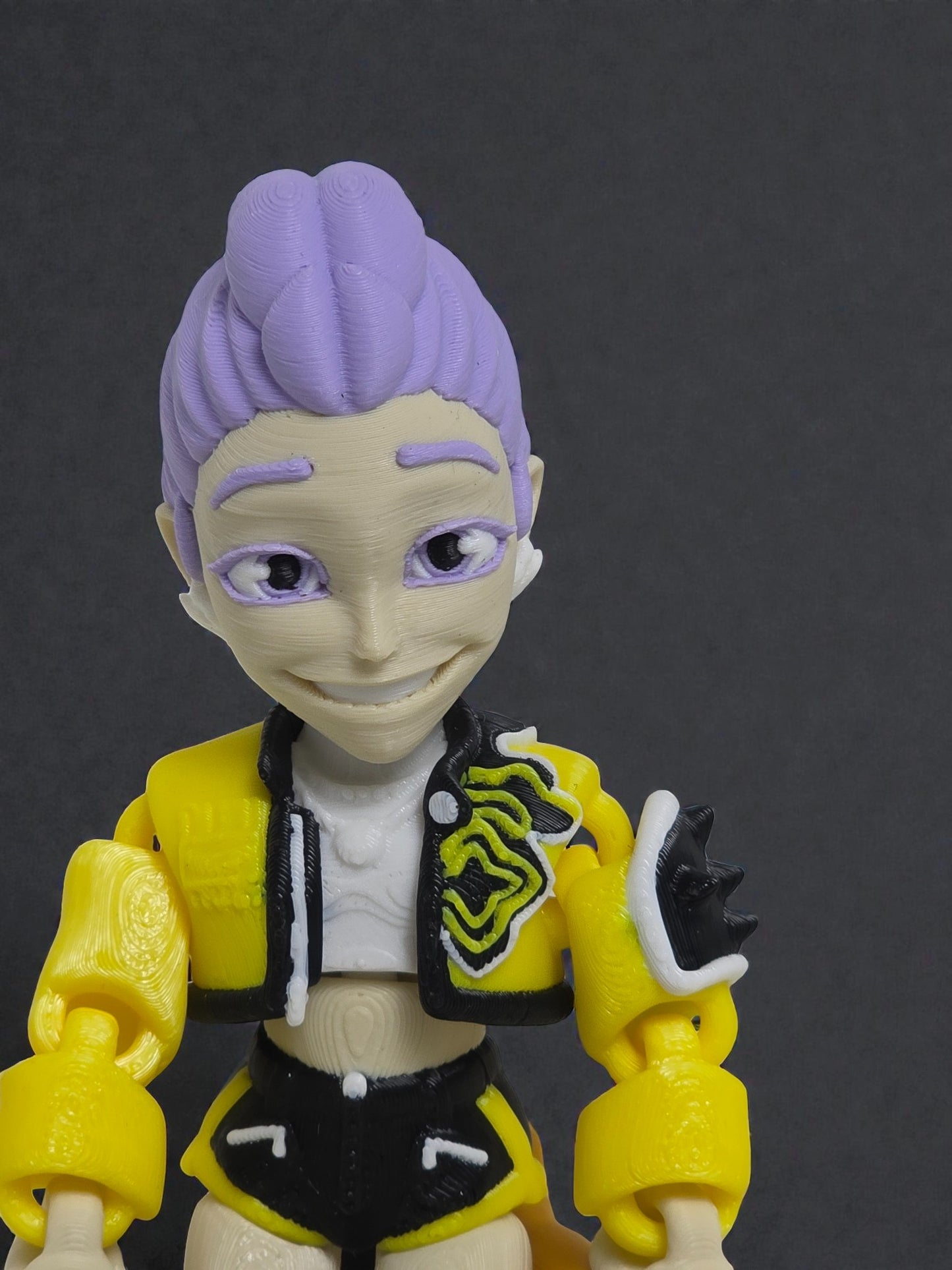 Flexi Rumi K Pop Demon Hunter Inspired Action Figurine 6 Inch Art Toy with Purple Hair and Yellow Jacket
