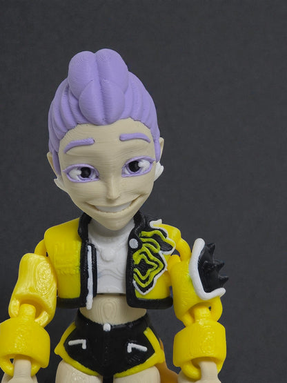 Flexi Rumi K Pop Demon Hunter Inspired Action Figurine 6 Inch Art Toy with Purple Hair and Yellow Jacket