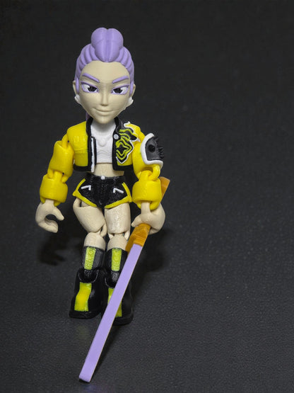 Flexi Rumi K Pop Demon Hunter Inspired Action Figurine 6 Inch Art Toy with Purple Hair and Yellow Jacket