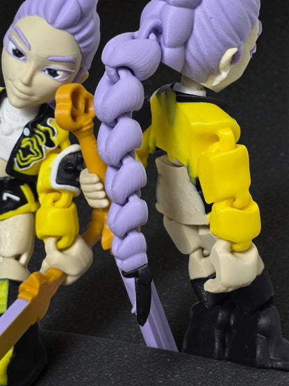 Flexi Rumi K Pop Demon Hunter Inspired Action Figurine 6 Inch Art Toy with Purple Hair and Yellow Jacket