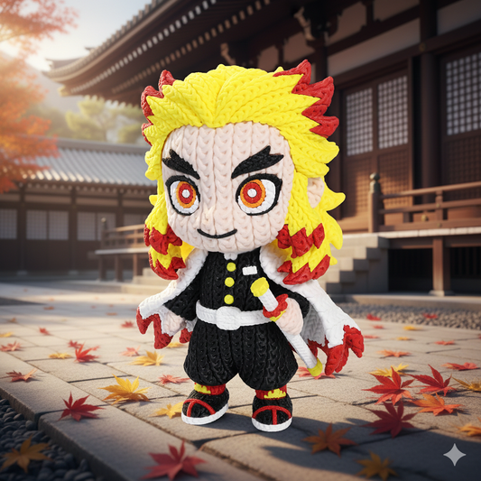 Rengoku-Inspired Flame Swordsman Flexi Figure – Crochet-Style Texture | 6” or 8” Tall