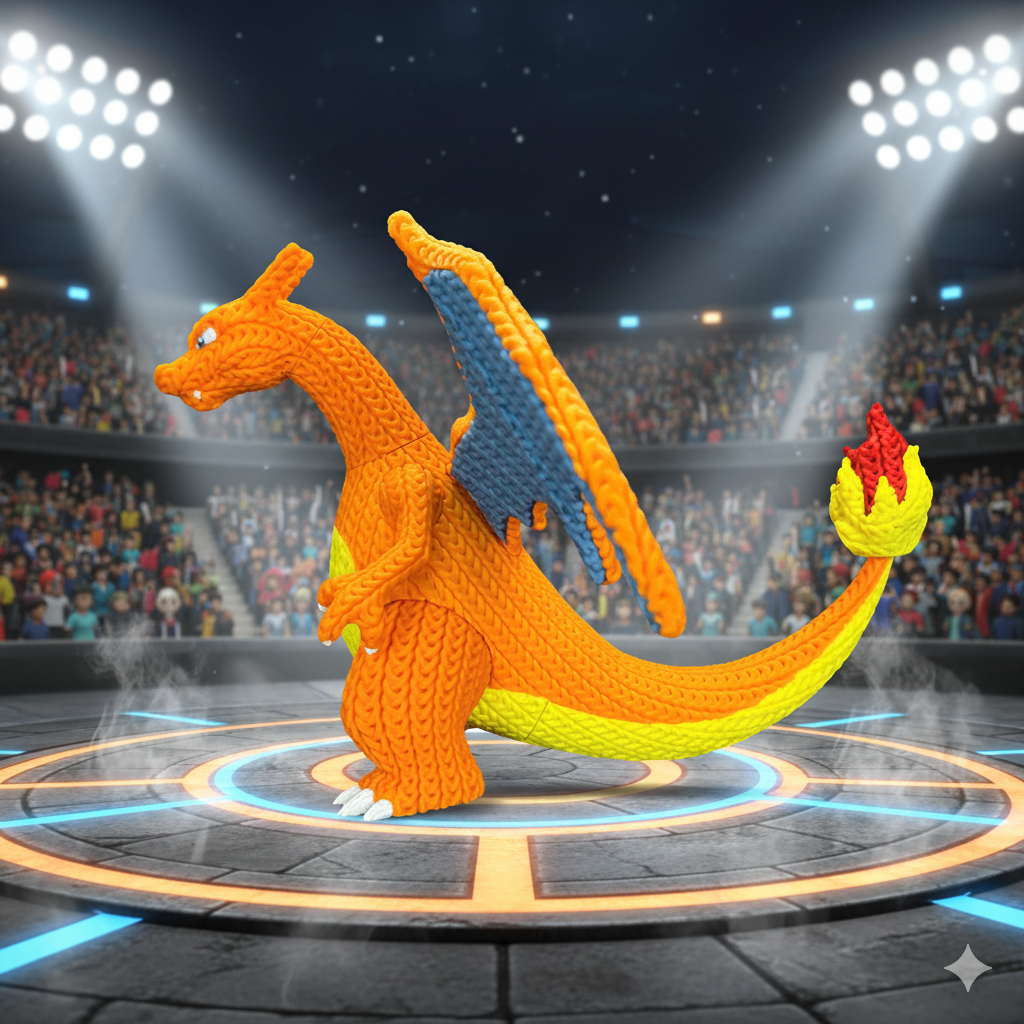 Charizard Inspired 3D Printed Figure – Crochet Texture Style – Dragon Fan Art Display – 6" or 8"