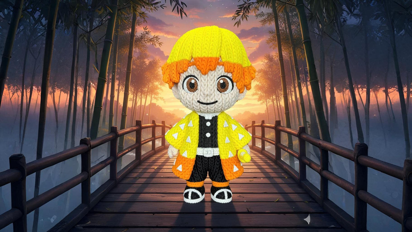 Zenitsu Inspired 3D Printed Figure – Crochet Texture Style – Anime Fan Art Display – 6" or 8"