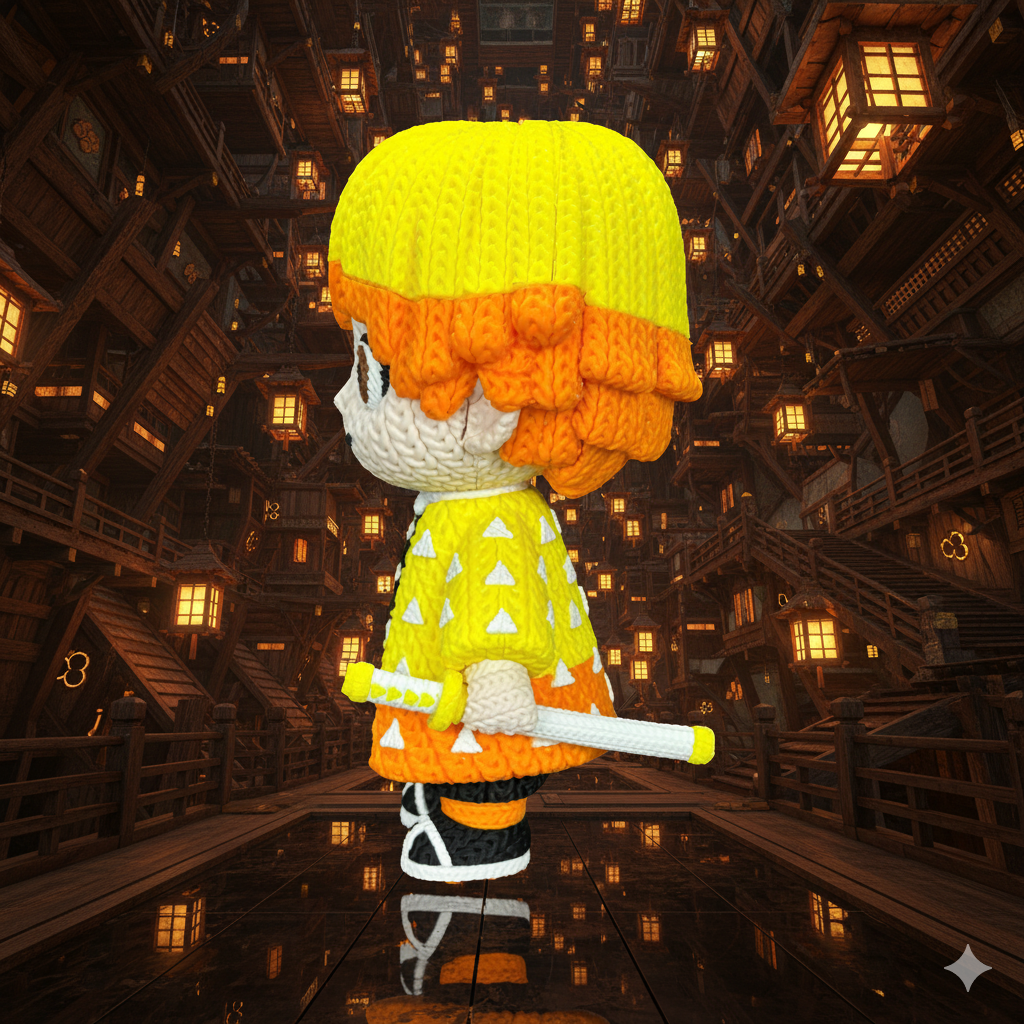 Zenitsu Inspired 3D Printed Figure – Crochet Texture Style – Anime Fan Art Display – 6" or 8"