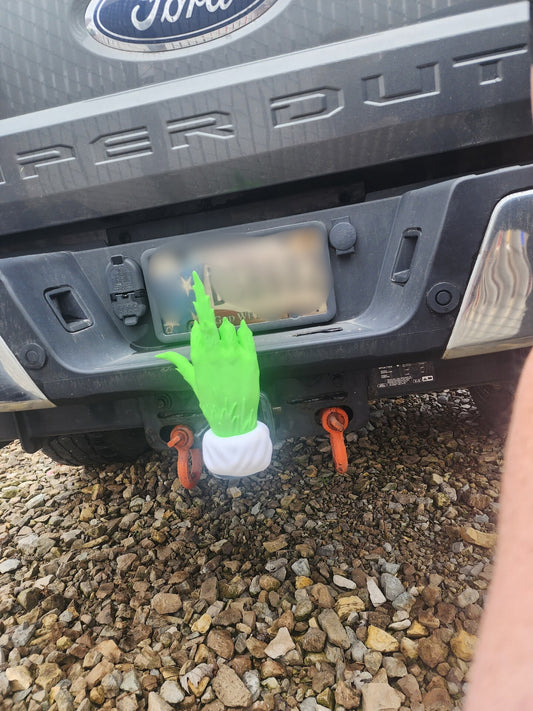 Grinch "Holiday Wave" Hitch Adapter - Funny Christmas Car Accessory with Bright Grinch-green Hand & Snowy Cuff for Festive Fun