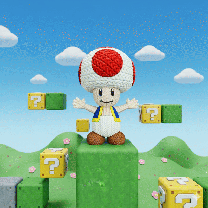 Toad Inspired 3D Printed Figure – Crochet Texture Style – Video Game Fan Art Display – 6" or 8"