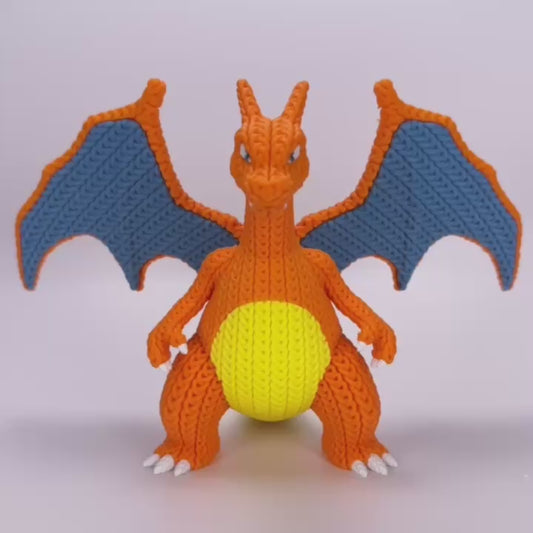 Charizard Inspired 3D Printed Figure – Crochet Texture Style – Dragon Fan Art Display – 6" or 8"