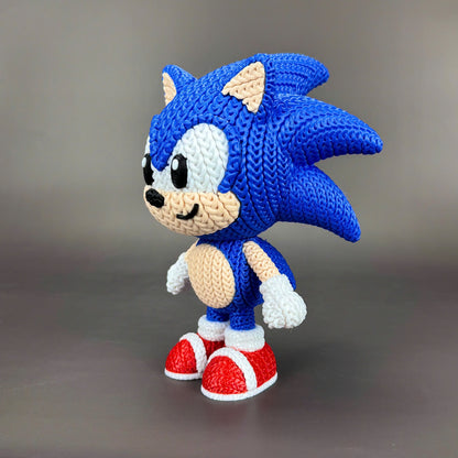 Sonic Inspired 3D Printed Figure – Crochet Texture Style – Video Game Fan Art Display – 6" or 8"