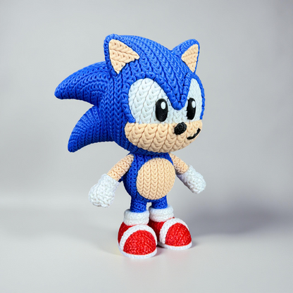 Sonic Inspired 3D Printed Figure – Crochet Texture Style – Video Game Fan Art Display – 6" or 8"