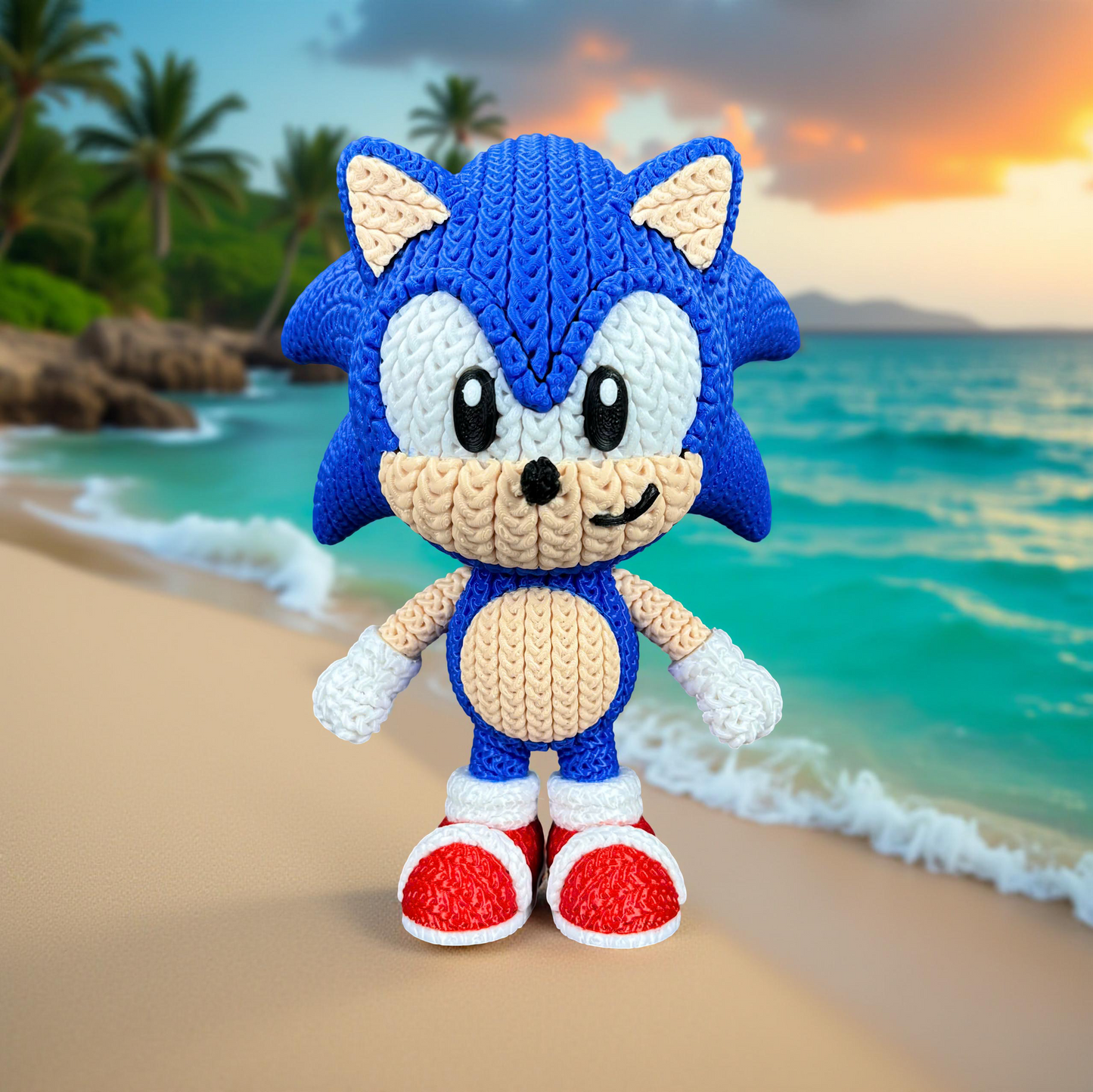 Sonic Inspired 3D Printed Figure – Crochet Texture Style – Video Game Fan Art Display – 6" or 8"