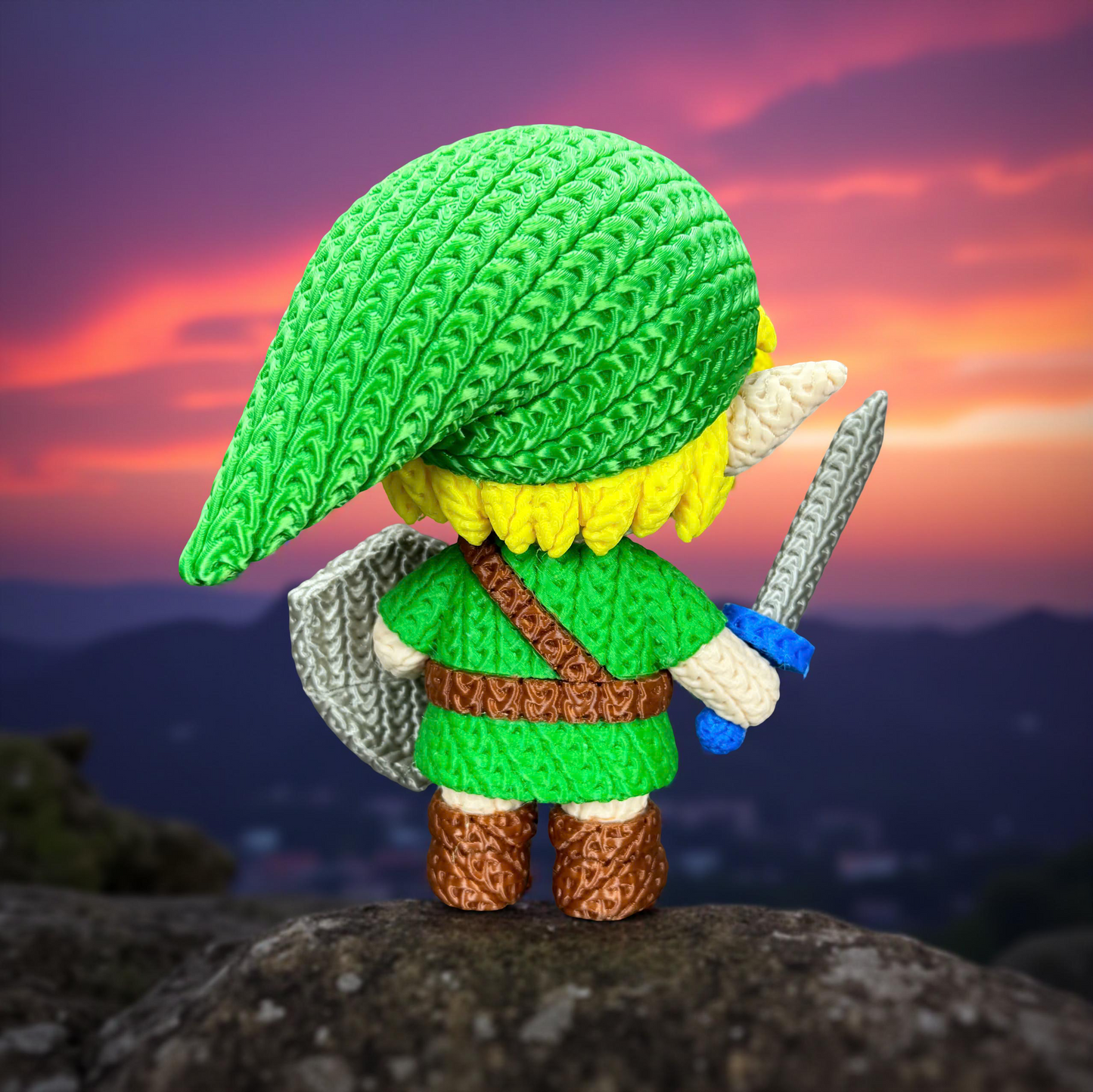 Link Inspired 3D Printed Figure – Crochet Texture Style – Fantasy Hero Fan Art Display – 6" or 8"