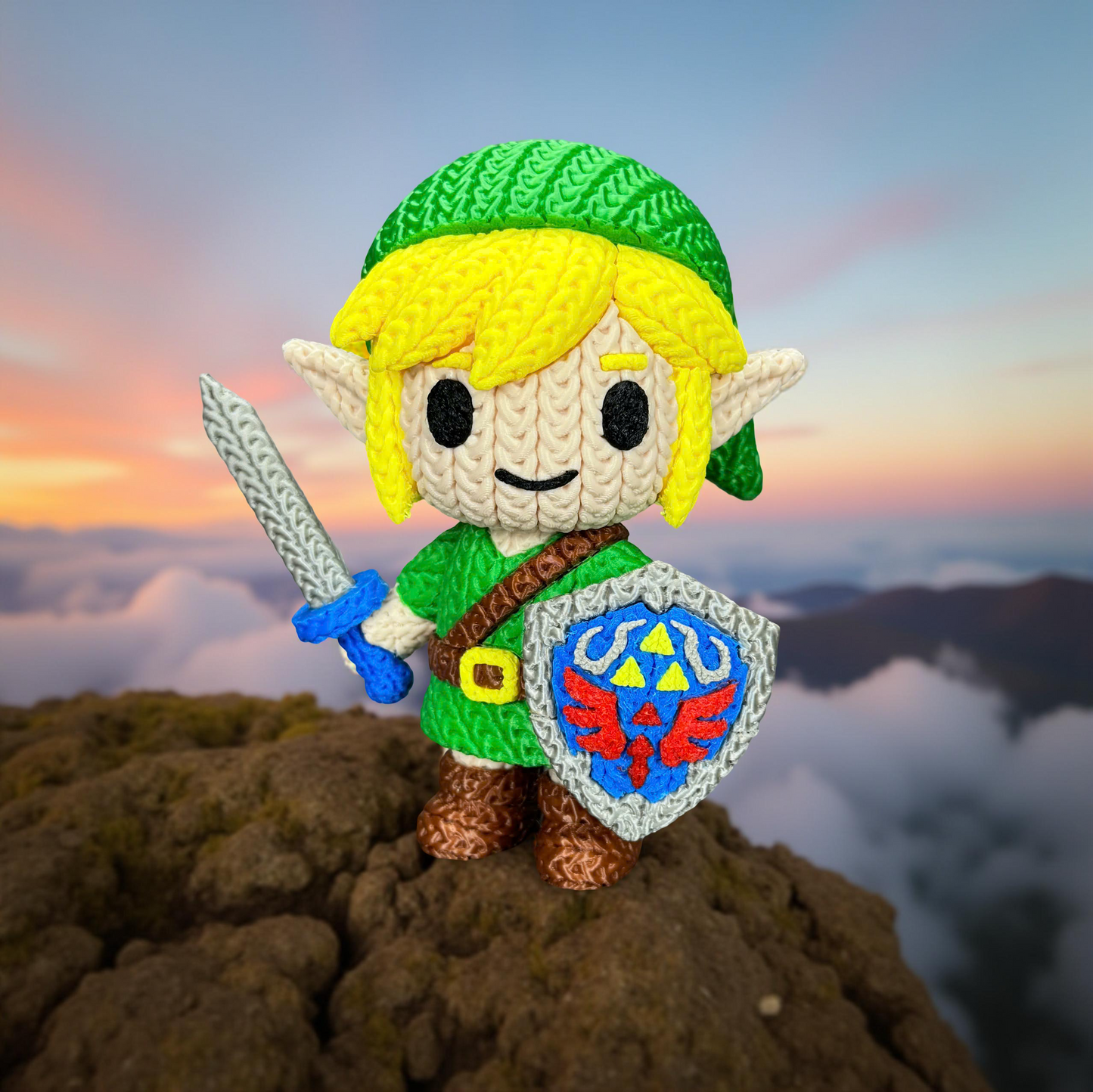 Link Inspired 3D Printed Figure – Crochet Texture Style – Fantasy Hero Fan Art Display – 6" or 8"